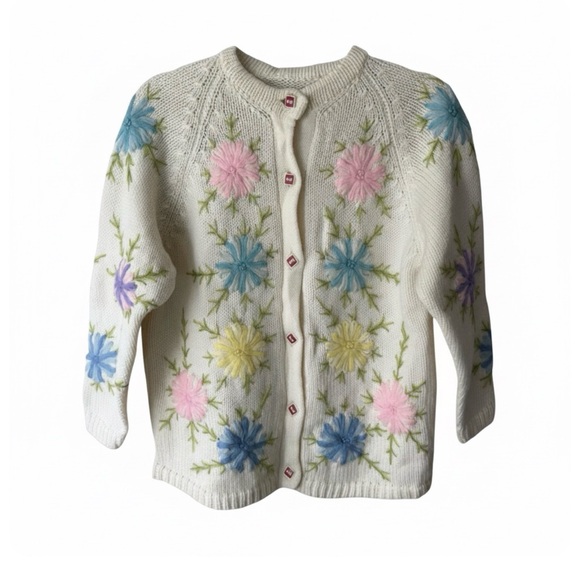 Handmade Sweaters - Vintage Hand-Knit Floral Embroidered Cardigan Sweater Cream Multicolor Size S/M